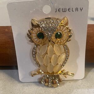 Gold Owl Brooch with Green Crystal Eyes - Brand